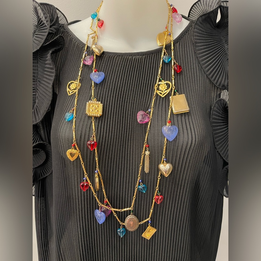 Vintage One of a Kind by IRIS LANE Gold Tone Extra Long Chain w CHARMS Necklace